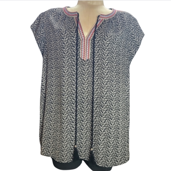 Daniel Rain Women's Large Boho Tassel Top Black White Peasant Short Sleeve Shirt - Picture 1 of 12